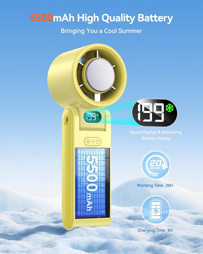 Portable Handheld Fan with Ice Cooler, 199 Speed Personal Fan,5500mAh Rechargeable,20H Cooling Time,20000 RPM Powerful Motor, Summer Essential for Travel/Outdoor/Office, Yellow - Image 4