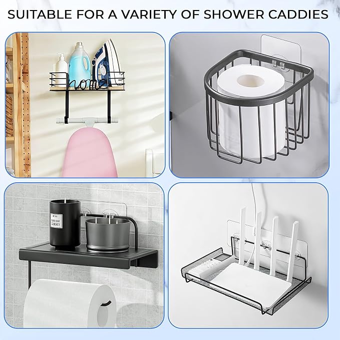 Shower Caddy Adhesive Replacement Hooks, Strong Waterproof Strips, No Drilling for Bathroom Shelves, Kitchen Racks, and Soap Holders (Transparent-14 Pack) - Image 8