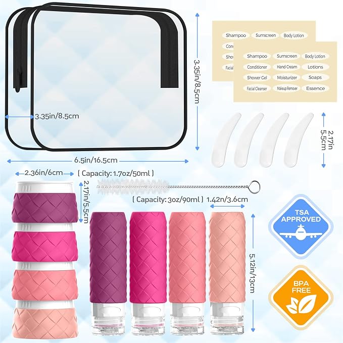 16 Pack Travel Bottles for Toiletries, TSA Approved Travel Size Toiletries Containers Set BPA-Free Silicone Leak Proof Refillable Bottles Stackable Creams Jars Accessories Kit W/Clear Bag Purplish Red - Image 2