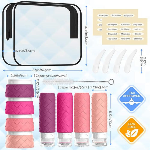 16 Pack Travel Bottles for Toiletries, TSA Approved Travel Size Toiletries Containers Set BPA-Free Silicone Leak Proof Refillable Bottles Stackable Creams Jars Accessories Kit W/Clear Bag Purplish Red - Image 2