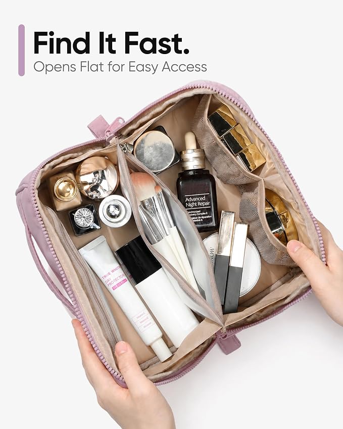 NISHEL Travel Makeup Bag for women, Organizer Pouch Cosmetic Case | Open-flat design keeps cosmetics, brushes, and beauty tools organized for travel and daily routines, Peach-Pink - Image 5