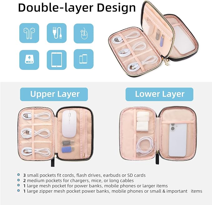 Electronics Organizer Travel Case, Charger Bag Cord Organizer Travel, Compact Tech Pouch Cable Organizer Bag for Charger, Cords, Phone, Headphones, Flash Drive, SD Card(Black, Small-Double Layer) - Image 2