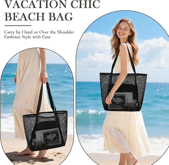 Fammart Mesh Beach Bag for Women, Summer Straw Tote Hobo Pool Bags with Zipper Pocket, Travel Vacation Cruise Essentials 2026 - Image 3