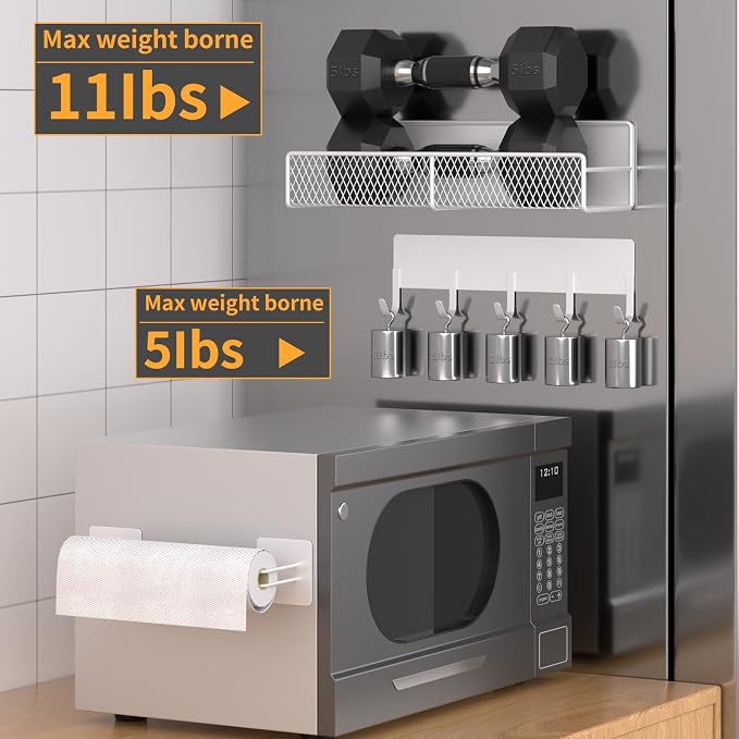 Magnetic Spice Rack for Refrigerator, 10 Pack Metal Magnetic Shelf, Moveable Spice Organizer with Hook Rack, Paper Towel Holder, Kitchenware Holder, Strong Magnetic Storage Fridge Organizer White - Image 4