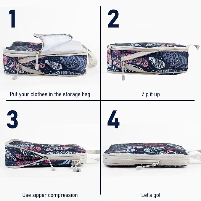 4 Set Compression Packing Cubes, Suitcase Organizer, Lightweight Travel Essentials, Compression Bags For Travel Accessories Luggage Storage Set (4Pcs, feather) - Image 2