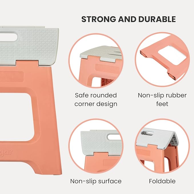 Vigar Compact Folding Step Stool, 12-1/2 in, Orange | 12-1/2 in Foldable Stool, Lightweight Portable Design, Handle, Non Slip Surface, Space-Saving, Supports up to 330 lb - Image 4