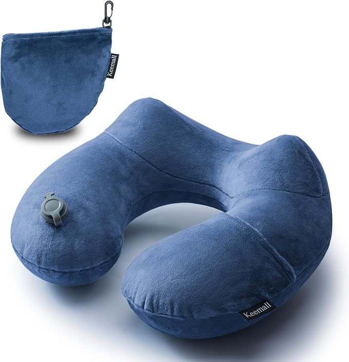 Keemall Inflatable Travel Neck Pillow for Airplane to Relieve Neck Pain | Comfortable U-Shaped Head &Neck Rest with Soft Plush Cover, Great for Long Flights, Car, Train, Office & Home Naps by Keemall