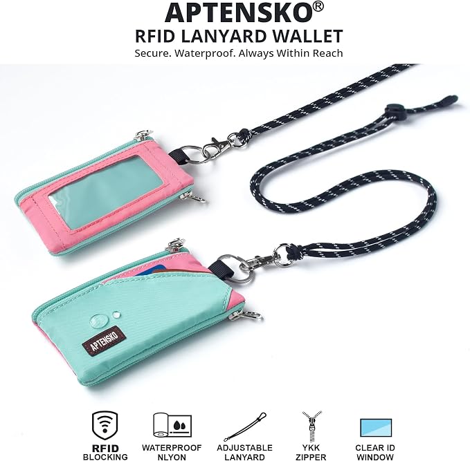RFID Blocking Travel Wallet with Adjustable Lanyard, Small Nylon Zipper Pouch and Badge Holder for ID, Credit Cards, Cash, Keys, Commuters (Mint Aqua+Pink) - Image 2