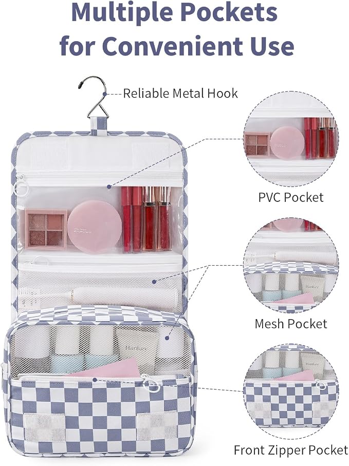 Narwey Small Hanging Travel Toiletry Bag for Traveling Women, Checkered Travel Bag for Toiletries, Makeup Bag Organizer Make Up Cosmetic Bags, Gifts for Kids Teen Girls (Grayish Blue Checkerboard) - Image 3