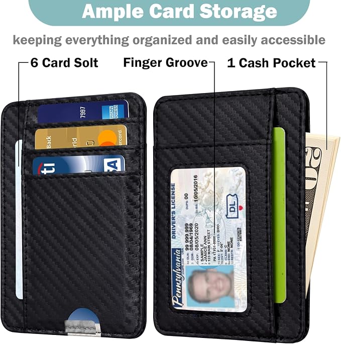HOTCOOL Slim Wallet for Men, Minimalist Front Pocket Simple Leather Credit Card Holder RFID Blocking for Men & Women, Thin Organizer Gifts, Carbon Fiber - Black - Image 2