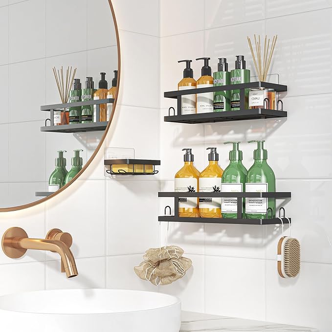 Youvip Adhesive Shower Caddy, Black, 3 Pack | Shower Shelves, Soap Holder and 12 Hooks, Rustproof, No Drilling, Bathroom Organizer and Storage - Image 6