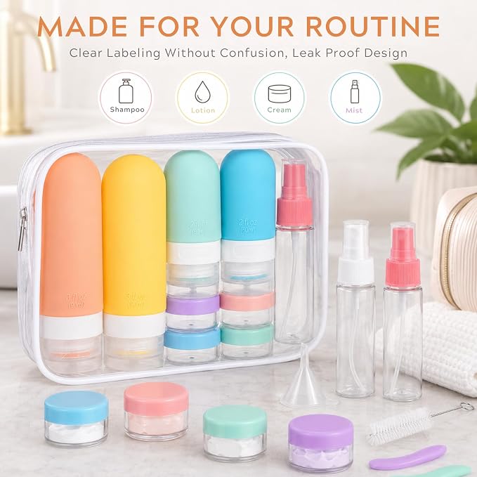 16Pcs Travel Bottles for Toiletries - TSA Approved Travel Bottles Set, Leak Proof Squeezable 3oz Portable Refillable Silicone Travel Bottles for Shampoo, Conditioner, Sprays, Clear Bag (Colorful) - Image 3