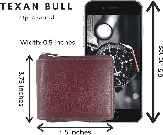 RFID Blocking Bifold Cowhide Leather Wallets For Men With Zipper Security | Safe Metal Zip Chain 9 Card-ID Slim Minimalist Mens Wallet (Burgundy) - Image 7