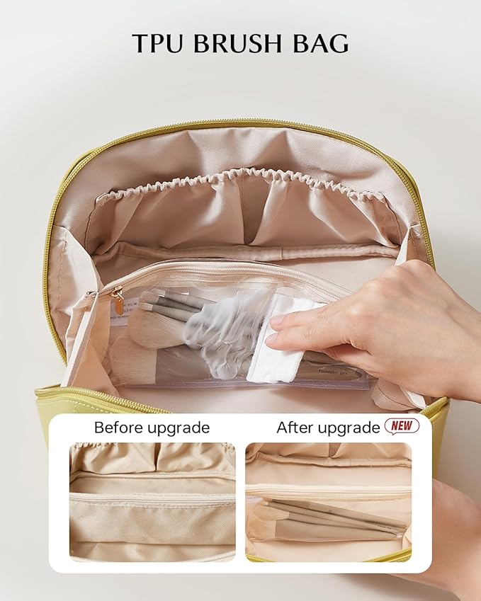 EACHY Travel Makeup Bag for Women, Flat Open Cosmetic Bag, Green, Medium | PU leather organizer with flat-open access, storage pockets and clear TPU brush compartment for daily makeup and toiletries - Image 3