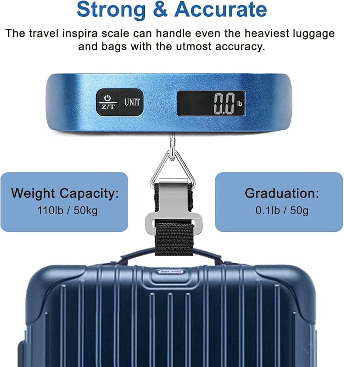 travel inspira Luggage Scale, Portable Digital Hanging Baggage Scale for Travel, Suitcase Weight Scale with Rubber Paint, 110 Pounds, Battery Included - Image 5