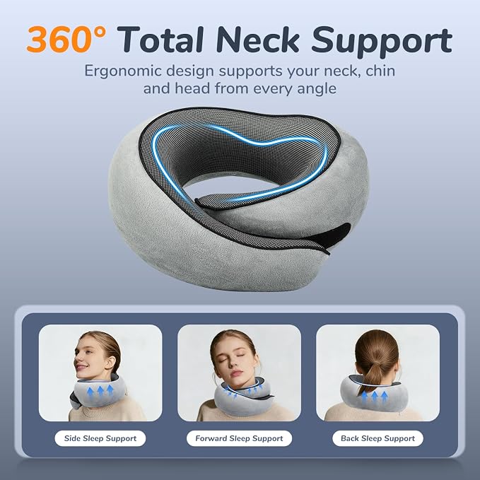 Travel Neck Pillow for Airplane with Eye Mask and Ear Plugs for Sleeping | Head and Chin Support, Ergonomic Memory Foam with Silky-Smooth Washable Cover for Flights, Road Trips & Office Naps - Image 2