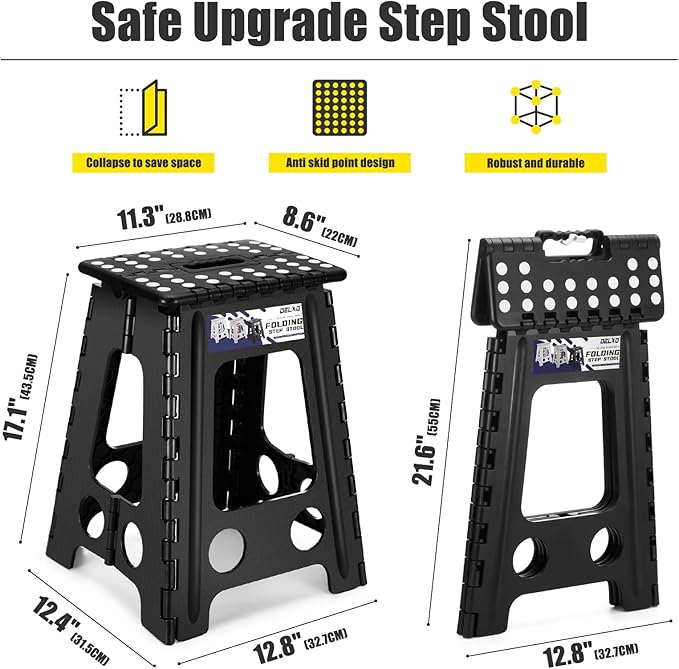Delxo 17.5 Inch Folding Step Stool,Foldable Stool for Adults with Safety Lock,Portable Collapsible Plastic Step Stool,Non Slip Folding Stools for Kitchen Bathroom Bedroom Up to 400LBS,(Black 1PC) | Step Stool with Safety Lock,Portable Collapsible Step ... - Image 2