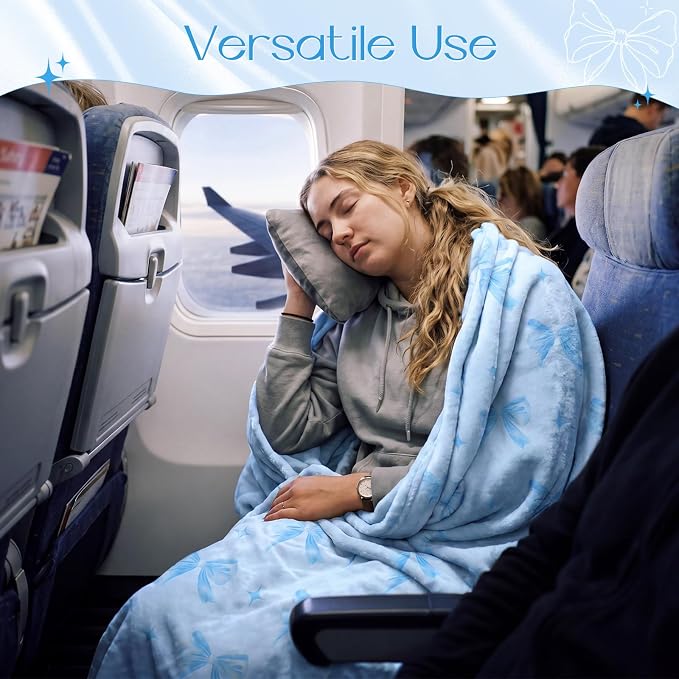 Pink Blue Bow Travel Blanket Airplane and Pillow Compact 2 in 1 Soft Fleece Travel Blanket and Pillow Set with Luggage Sleeve Backpack Clip Compact Airplane Essentials Gifts, 40"x60"(Blue) - Image 6