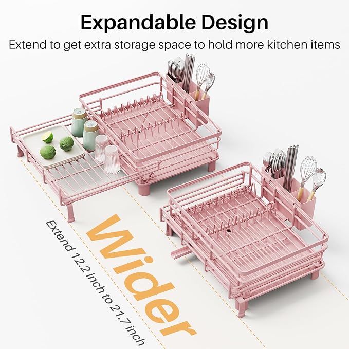 SNTD Expandable Dish Drying Rack for Kitchen Counter, Stainless Steel, Pink | Foldable Over Sink, Large Capacity, Adjust to Fit Most Sinks, Angled Drainboard, Removable Utensil Holder, Slip Resistant - Image 5