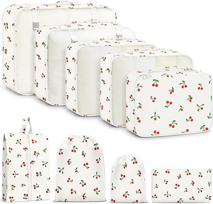 9 Set Packing Cubes for Travel Essentials - Lightweight Carry-On Luggage Organizer Bags with Shoe, Clothes & Laundry Bags for Airplane, Family & Business Travel, White Cherry by Unknown