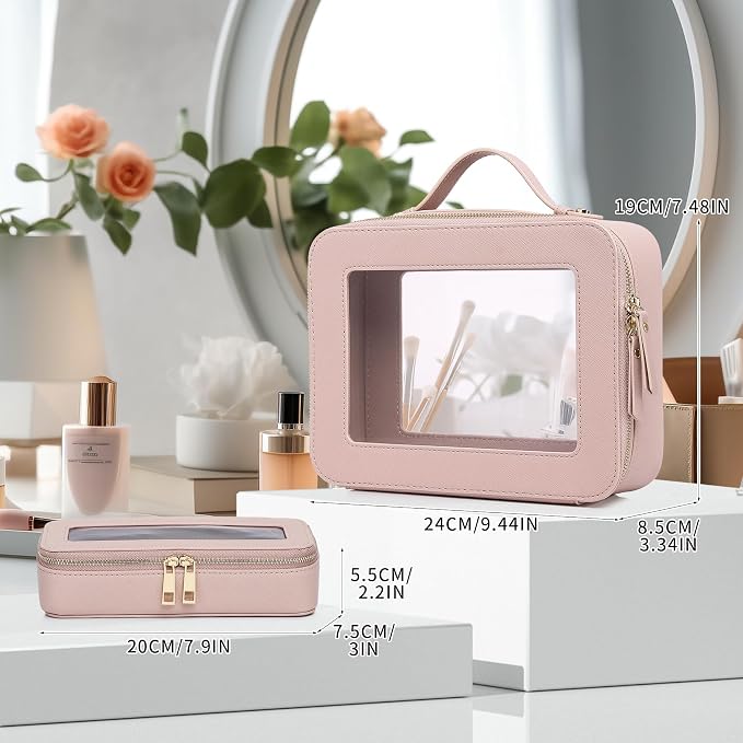 Pinkmik Clear Makeup Bag with Brush Bag, (Pink, L+SLIM) | 2pcs, Waterproof, Travel Case for Cosmetics and Toiletries, Women's Cosmetic Organizer, with Zipper - Image 3