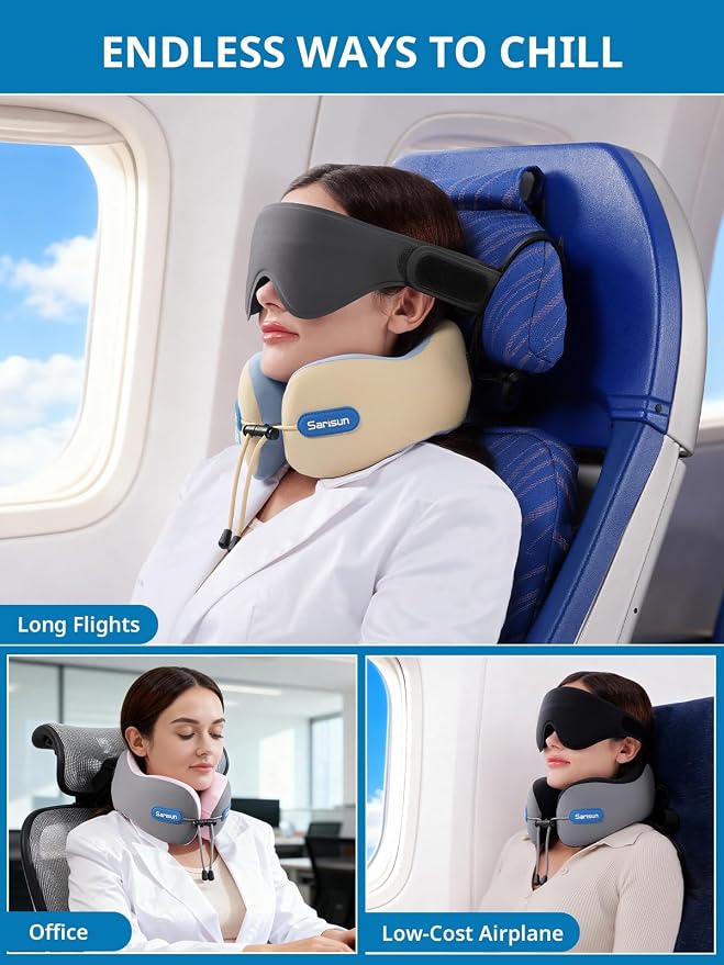 SARISUN Travel Neck Pillow for Airplane, Combo 3D Eye Mask and Seat Strap | 360°Airplane Sleep Support,Premium Memory Foam,Adjustable Buckle,Travel Essential for Long-Haul Flights,Car Road Trip Grey - Image 8