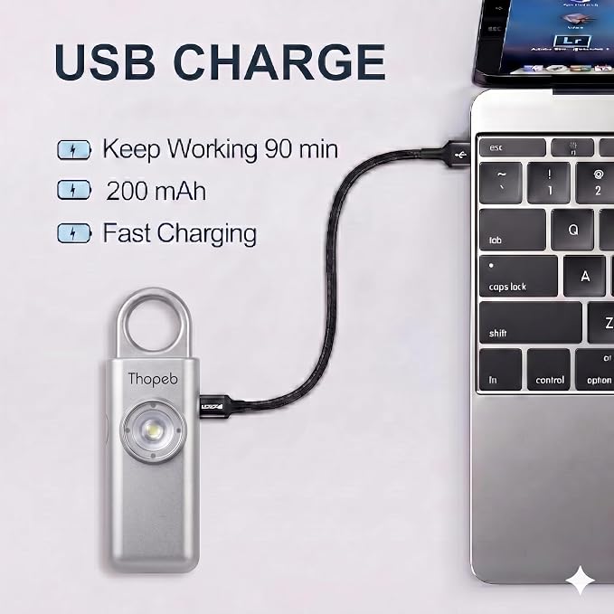 Thopeb Personal Safety Alarm for Women – Upgraded Rechargeable | Strobe with Separate Switch, 135dB Siren, Long-Lasting Protection, Stylish Keychain (Metallic Silver) - Image 2