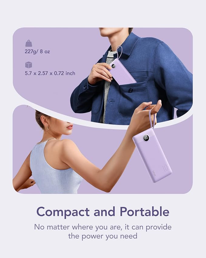 VRURC Portable Charger Power Bank, USB C Battery Pack 10000mAh, Flight-Safe Travel Essentials, 5 Outputs 2 Inputs Slim Phone Charging Bank Built-in Cables for Multi Devices-Lavender(1 Pack) - Image 2