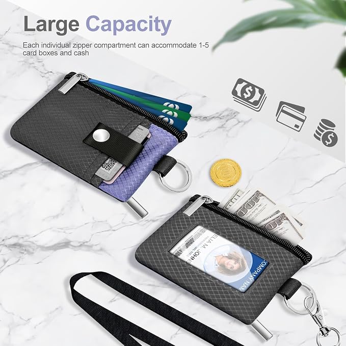 Minimalist RFID Blocking Small Wallet with ID Window,WaterResistant Zip Id Case Wallet with Lanyard Keychain for Cards,Cash,Travel,Women,Men (DarkGrey/Lavender Purple) - Image 7