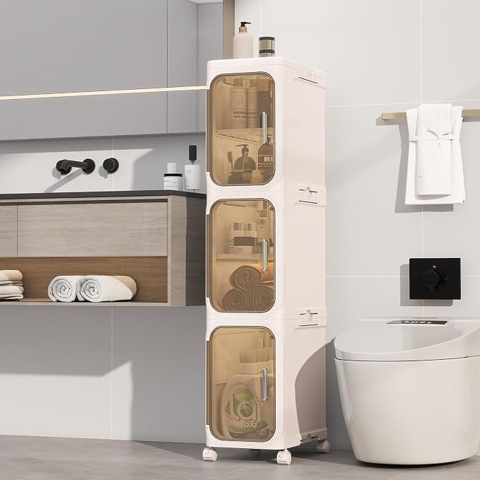 3 Tier Slim Bathroom Storage Cabinet, Foldable and Movable, Beige | Tools Free, ABS and PET, Magnetic Clear Door, Adjustable Shelves, Lockable Wheels, Water Resistant, For Narrow Space by Neathub