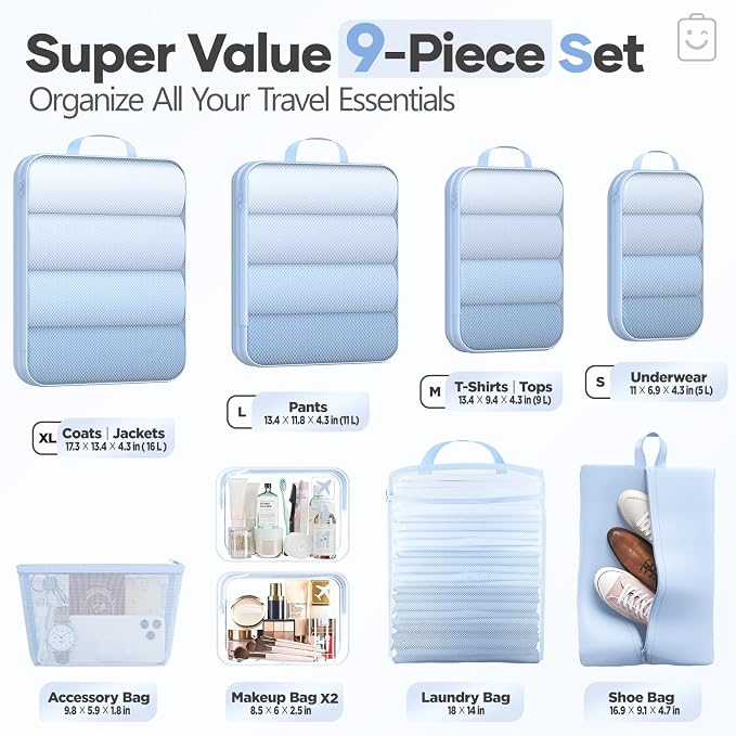Veken 9/11 Set Compression Packing Cubes Garment Bags for Travel Essentials,Compressible Expandable Luggage Organizer Bags for Clothing,Space Saver Bags with Over 1000 pcs of Mesh Holes(Light Blue) - Image 2