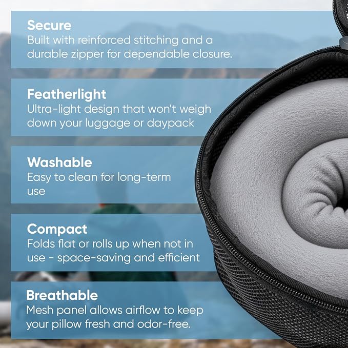 Neck Pillow Case and Travel Bag, Compression Storage Cover, Black | Mesh Cover with Snap Clasp, Compact Carrying Case Attaches to Luggage, Backpack or Purse, for Travel Neck Pillows - Image 8