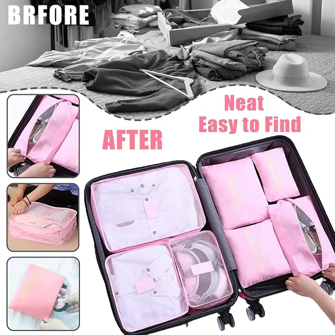 INVODA 7 piece Multi-size Packing Cubes for Travel Suitcase Organizer Bags Lightweight Travel Bags (Pink) - Image 5