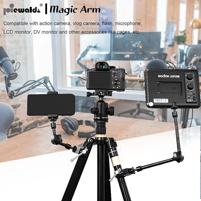 Niewalda 20" Magic Arm Clamp Kit with 1/4" & 3/8" Threaded Mounts | with Phone Clip/Tripod Mount Adapter for Various Action Camera /DSLR/Cell Phone /Vlogging and LCD Monitor/LED Lights Mount - Image 5
