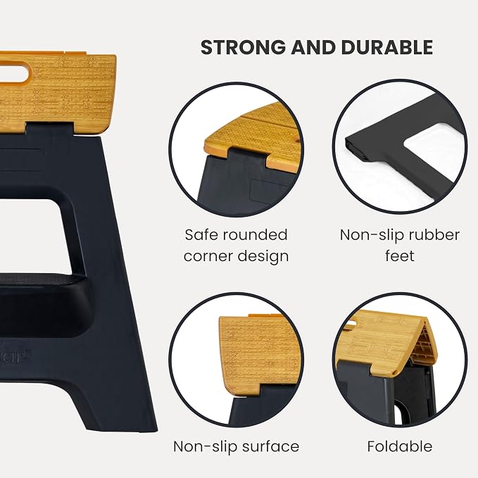 Vigar Compact Folding Step Stool, 16 in 2 Step, Black Bamboo Print | 16 in Foldable Stool, Lightweight Portable Design, Handle, Non Slip Surface, Space-Saving, Supports up to 330 lb - Image 4