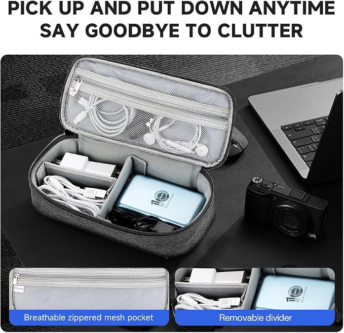 Teskyer Tech Organizer Pouch with Handle, Dark Grey | Water-Resistant Fabric, Adjustable Dividers, Multiple Compartments, Protective Lining, Travel and Office Use - Image 4