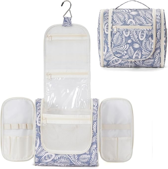 Narwey Hanging Toiletry Bag for Women Travel Makeup Bag Organizer Toiletries Bag Men for Cosmetics Essentials Accessories(Large, Blue Leaf) by Narwey