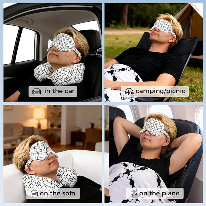 Travel Pillow with Detachable Flannel Blanket & Eye Mask – Plush Velvet Neck Support Pillow for Airplane,Car,Office Rest,Coordinated Digital Print Set (Black Circular Grid, 60in * 79in) - Image 5