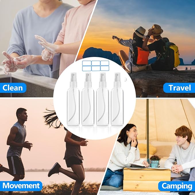 DTDNZKN 4 Pack 3.4 Oz (100ml) TSA Approved Travel Bottles | Travel Size Containers Plastic Spray Bottles withFunnels and Labels - Fine Mist, Refillable, Leak Proof - Image 6