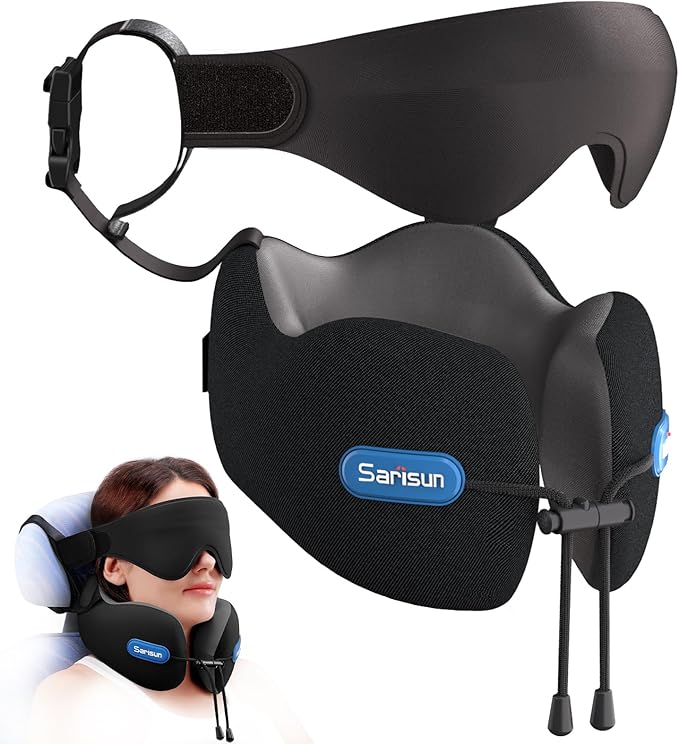 SARISUN Travel Neck Pillow with Strap & Eye Mask for Airplane Sleep Support | Airplane Pillow with Memory Foam, 3D Sleep Mask, for Comfort Sleep on Long Flight/Car Trip/Train Travel Essentials Black&Grey by SARISUN