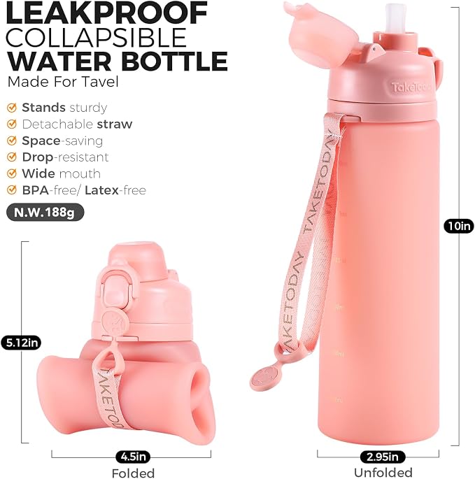 TakeToday Collapsible Water Bottles 21oz (600mL), Foldable Platinum Silicone Travel Water Bottle with Straw & Carry Strap, Leak-Resistant Screw Lid, Wide Mouth, BPA-Free for Hiking, Camping, Travel - Image 2