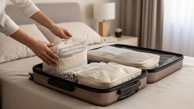 6 Set Travel Packing Cubes, Water-Repellent Nylon Luggage Organizer Bags for Suitcase, Carry-on, Home Storage, Lightweight and Durable (6, Beige, Sollid) - Image 3