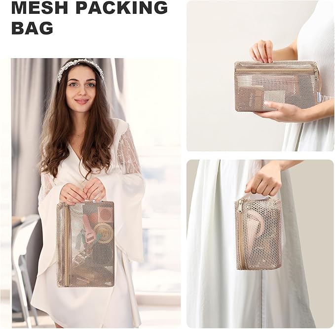 NOL 3-Pack Mesh Travel Toiletry Bags - Clear Zipper Travel Organizer, Airport Carry-On Compliant Reusable Cosmetic Makeup Bag for Women & Men (Khaki) - Image 6