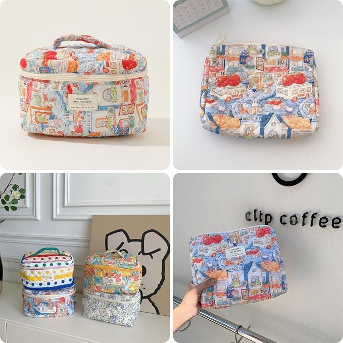 Fcteap Makeup Bag Travel Essentials Quilted Cosmetic Toiletry Pouch Organizer Insert for Women Dorm Room Essential Gift Large Capacity Opening Lightweight Cute Aesthetic Portable 2PCS (Rabbit) - Image 3