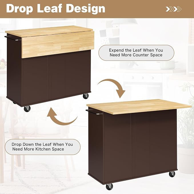 Shintenchi Kitchen Island with Folding Drop Leaf, Rolling Island Table with Storage, Kitchen Cabinet on Wheels with Seating Area for Kitchen, Bar Cart with Cabinet, Brown - Image 3