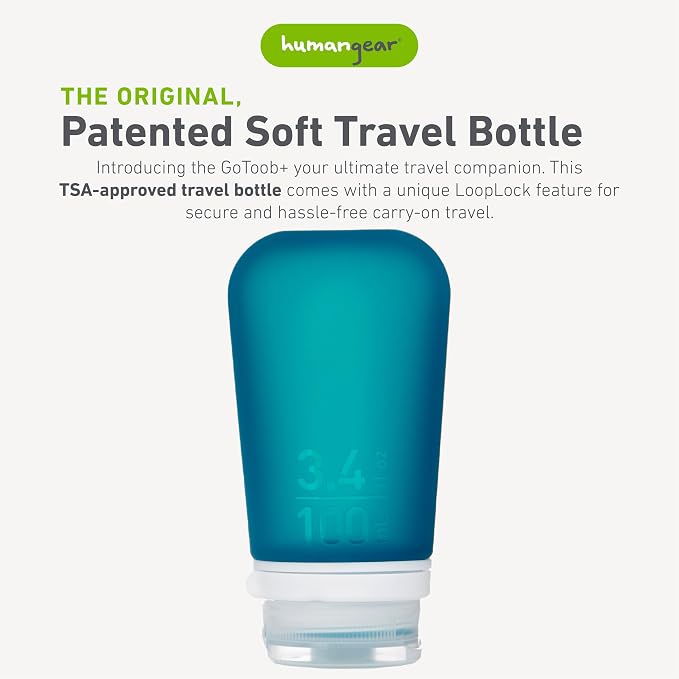 humangear GoToob+ (Large) | Refillable Silicone Travel Bottle | Locking Lid | Food-Safe Material | Teal, Large (3.4 fl.oz.; 100ml) | Refillable & Leak-Proof Silicone Travel Size Bottles with Locking Cap for Toiletries, Camping & TSA Carry-On - Image 2
