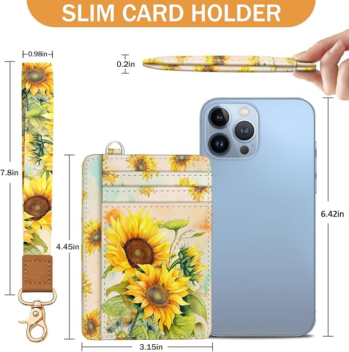 Yonlevres Sunflower Credit Card Holder Slim RFID Wallet Women Wristlet Gift | Front Pocket, Handy, RFID Blocking, Woman Girls Ladies Gifts, D-ring for Keychain,Thin Mini Card Case, ID Window, PU Leather - Image 6
