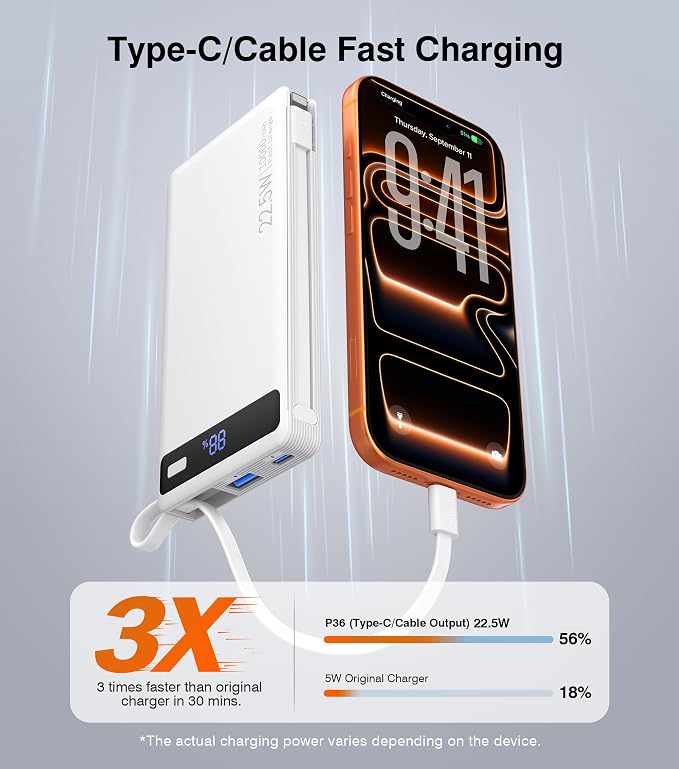 Power Bank with 2 Built-in Cables 10000mAh,22.5W Fast Slim Portable Charger | USB C Battery Pack, Travel Essentials Gift PD Fast Charging Powerbank For iPhone 17 16 15 Plus Pro Galaxy iPad White(1 Pack) - Image 3