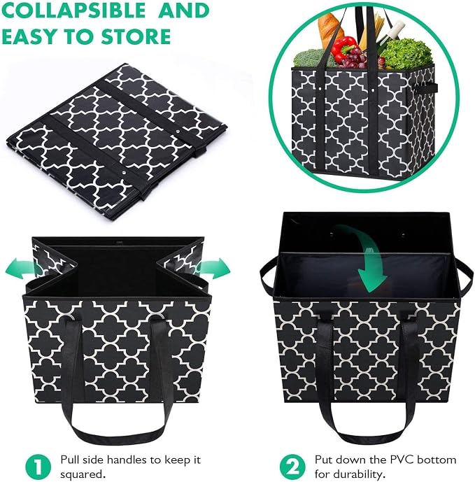 WISELIFE Reusable Grocery Bags 3-Pack Foldable Washable Large Storage Bins Basket Water Resistant Shopping Tote Bag Black | Water Resistant Shopping Tote Bag Bins - Image 5