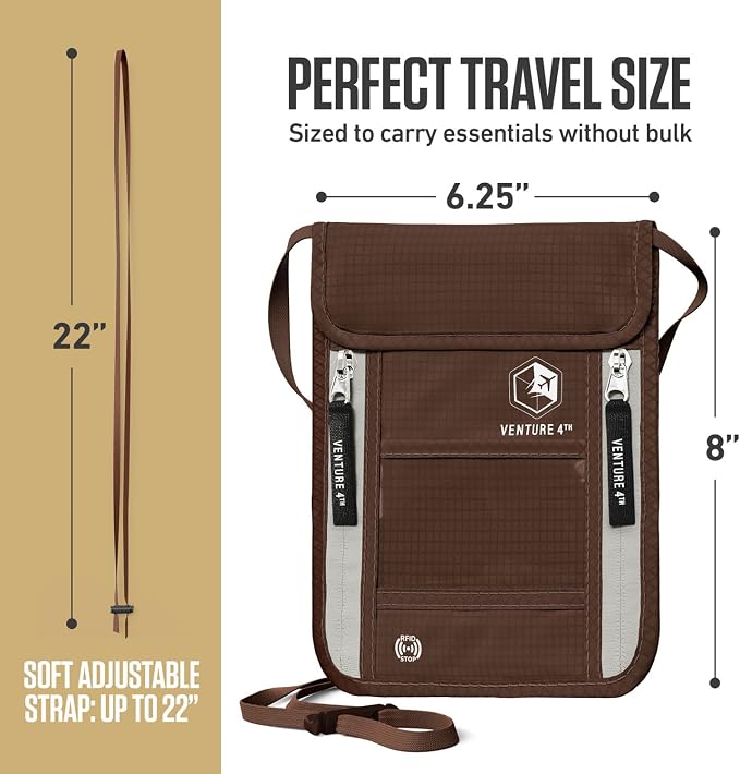 VENTURE 4TH Travel Neck Wallet, RFID Blocking Passport Holder - Brown - Image 3